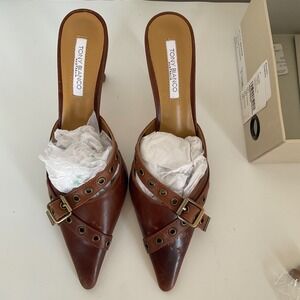 Tony Bianco Brown Pointed Toe Buckle Mules with Eyelet Straps